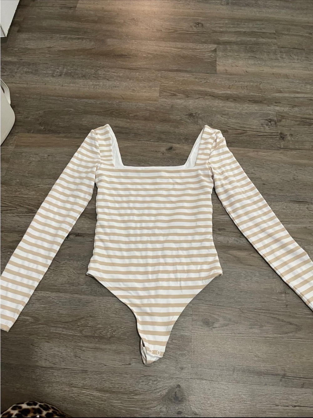 Aritzia Striped Long-Sleeve One-Piece Bodysuit in Beige and White
